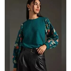 Anthropologie Porridge Textured Sweatshirt Green and Floral S NWT
